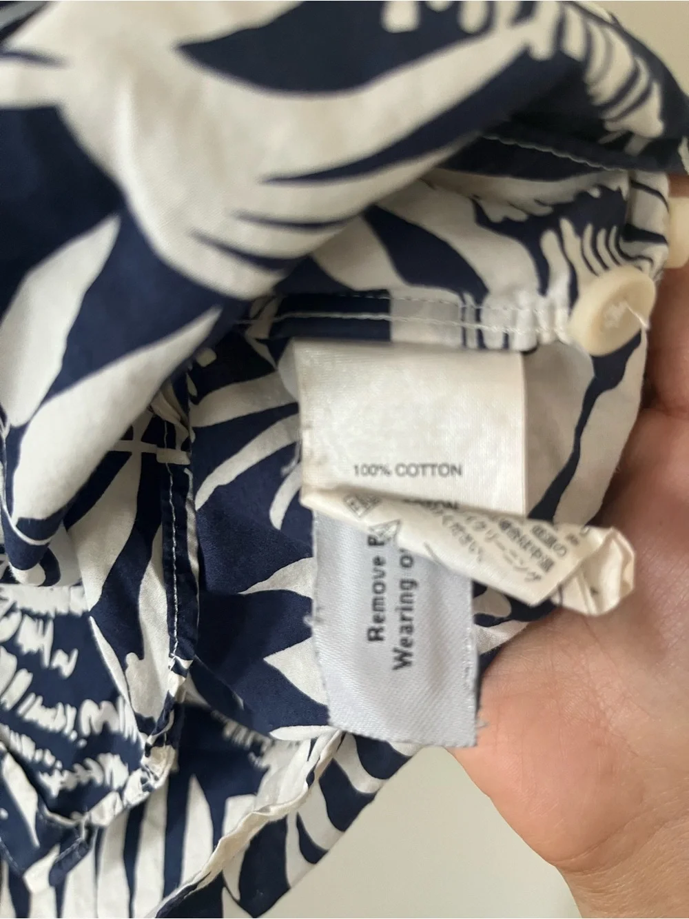 J Crew Navy Blue White Tropical Palm Print Large 100% Cotton Resort Vacation